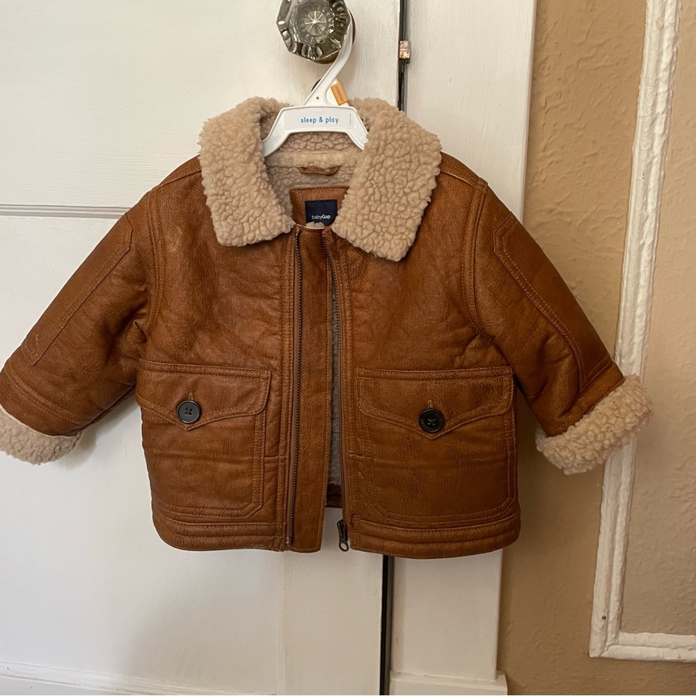 Adorable GAP Brown Kids Leather-Look Jacket with Sherpa Collar